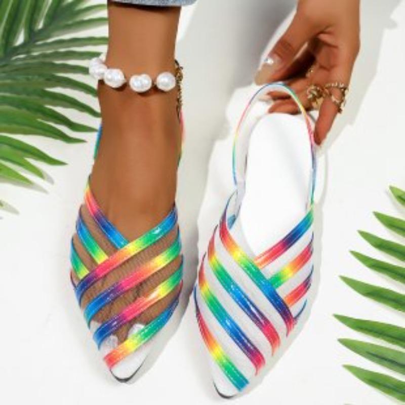 Fashion Plus Size Baotou Sandals Women Summer Rainbow Flat Stripe Cutout Women's Shoes Mesh Rear Trip Strap Single Shoes