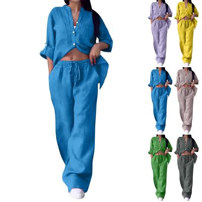 Women's 2-piece Casual Cotton And Linen Solid Color Shirt And Drawstring Wide Leg Pants Set