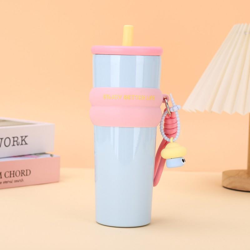 Stainless Steel Vacuum Insulated Travel Mug With Carabiner Strap Leakproof Straw Lid 700ml Office Car Outdoor Use