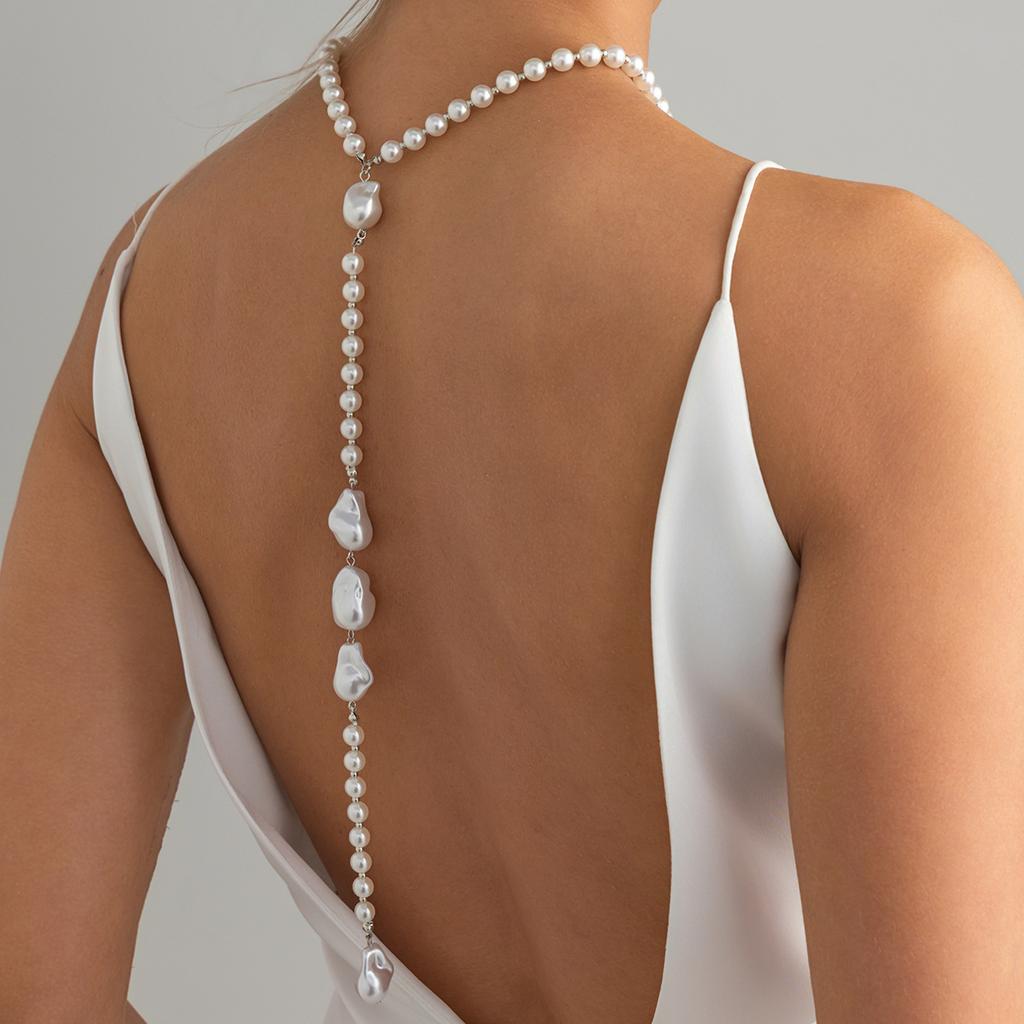 Elegant Baroque Imitation Pearl Back Chain Long Necklace For Women Retro Pearl Beads Tassel Choker Beach Party Bikini Jewelry