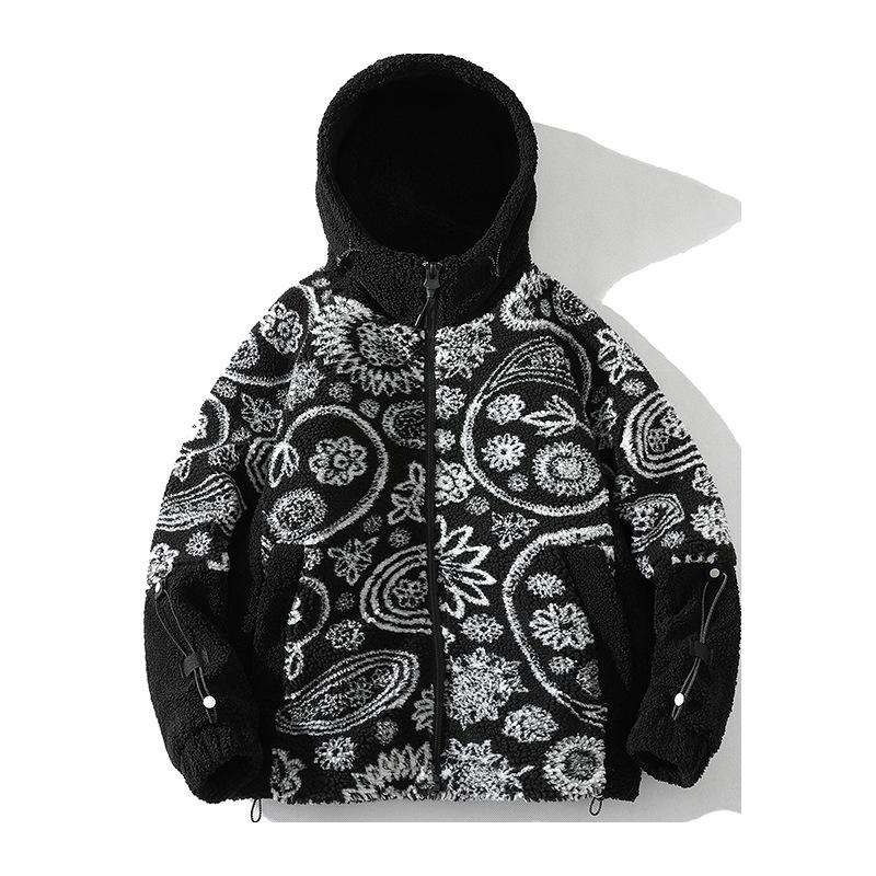 

Зимняя новая мужская куртка из гранулированного бархата с хлопковой подкладкой в гонконгском стиле из молодежной овечьей шерсти с кешью и цветочным узором XXXL чёрный