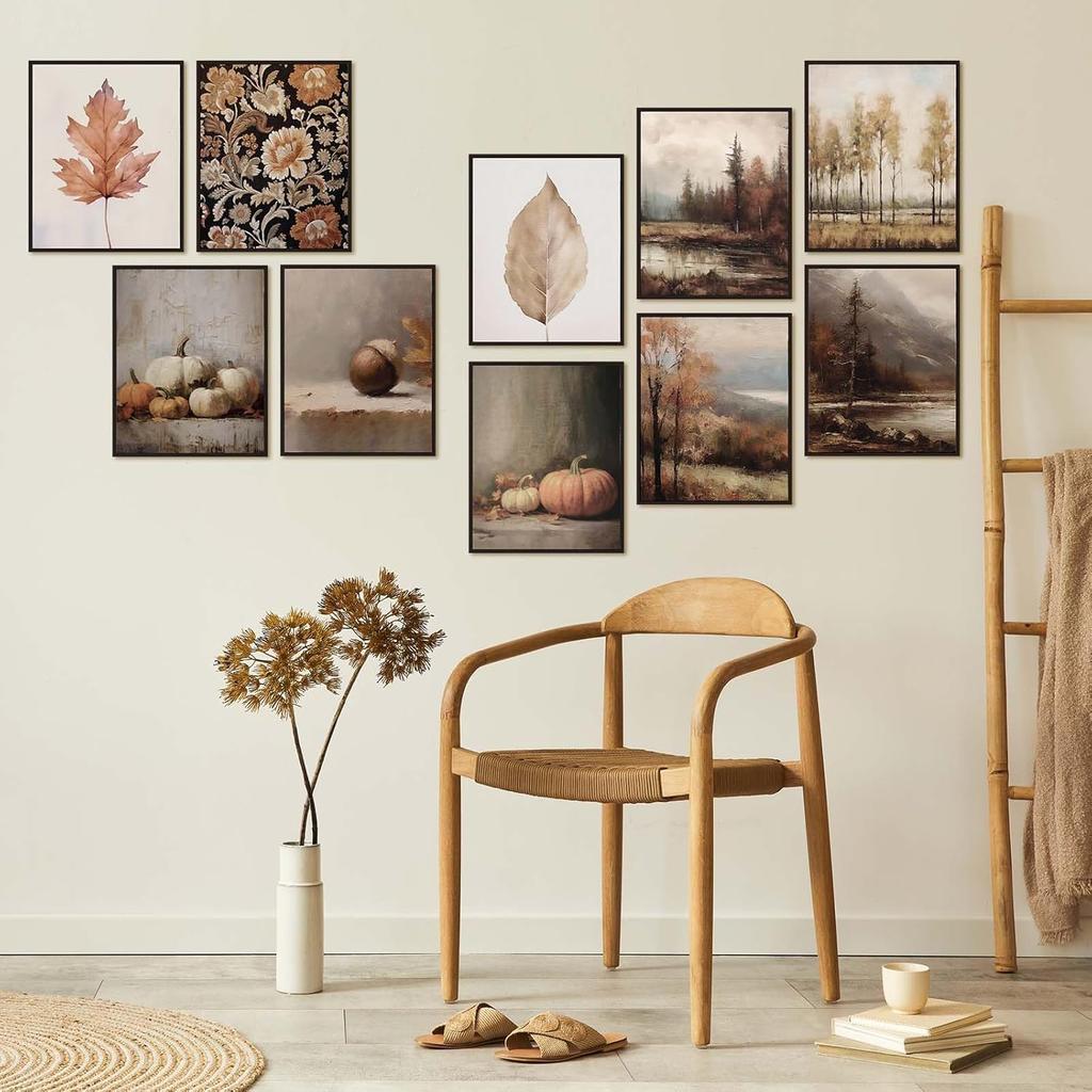 Whaline 10Pcs Fall Thanksgiving Vintage Wall Art Prints Assorted Rustic Aesthetic Paper Posters Retro Autumn Scenery Picture Decoration for Gallery