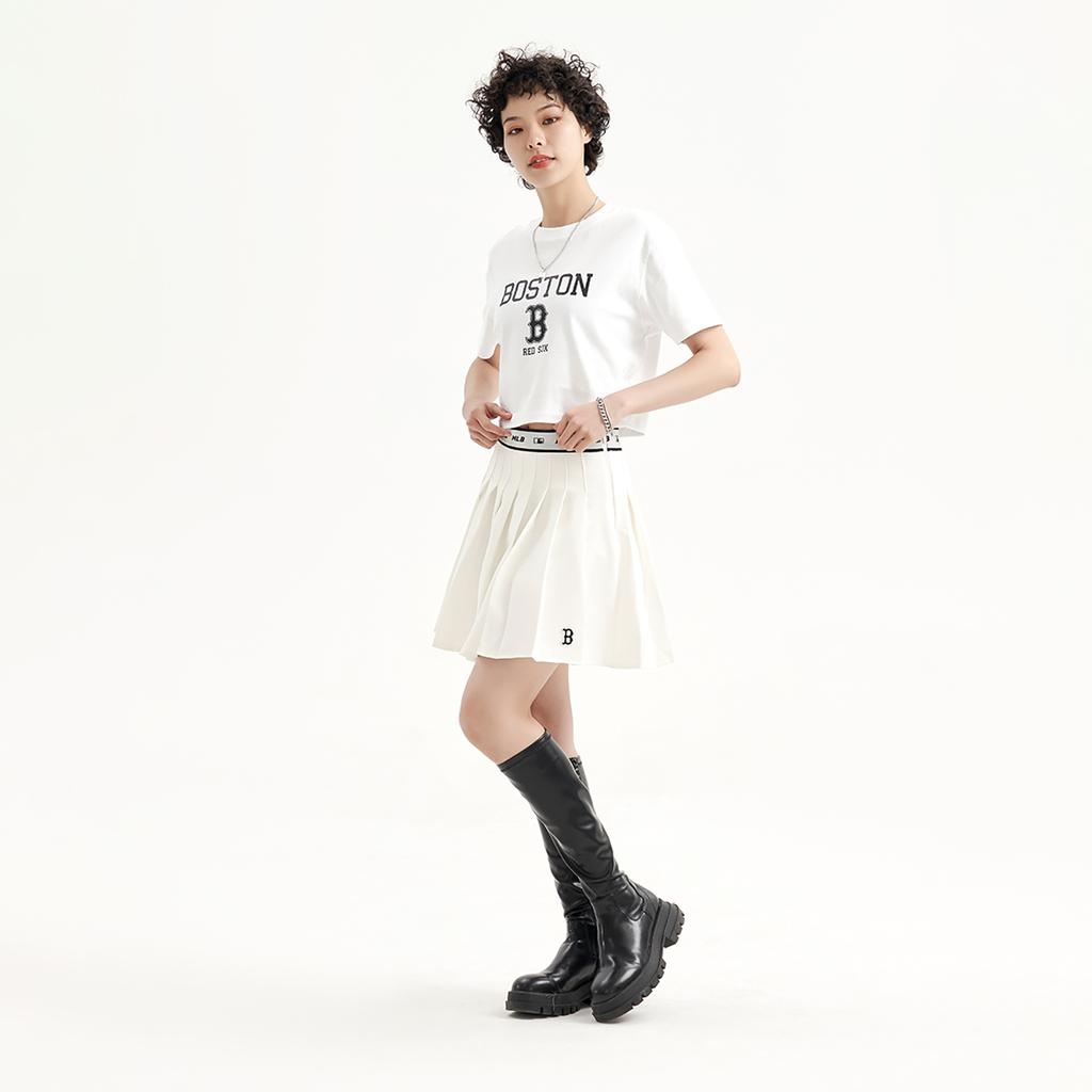 MLB Boston Red Sox Sports Lifestyle Embroidered Logo Trendy High-Waisted Pleated Casual Skirt Women skirts Ivory 3FSKB0133-43IVS