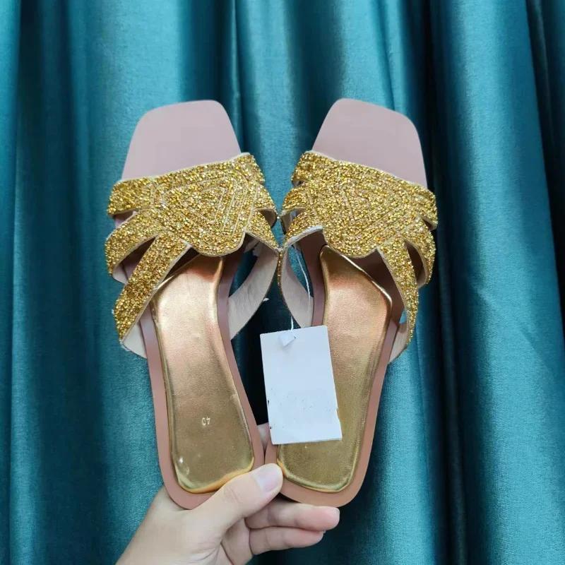 Fashion Women Flat Slippers Luxury Shiny Rhinestones Roman Outdoor Beach Slides 2025 Summer Daily Breathable Hollow Gold Female Shoes
