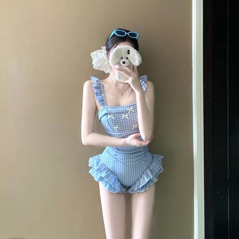 Sweet Feminine Ruffled Waist-Cinching One-Piece Swimsuit Women Blue Plaid Quick-Dry High-Elastic Plus Size M/L/XL