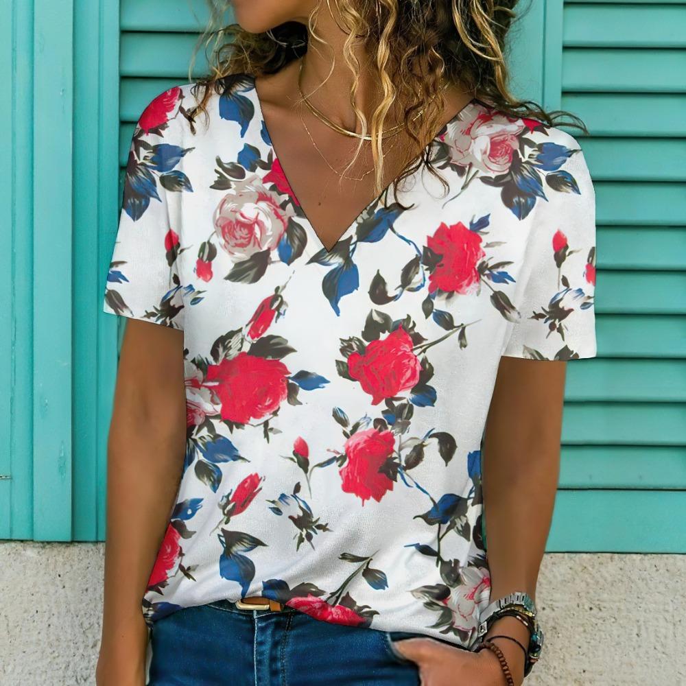 Nowy Damski T-shirt z Nadrukiem Kwiatowym Top Plus Size Odzież Damska Trend Moda Koszulka z Krótkim Rękawem Oversize Bluzka z Dekoltem w Serek