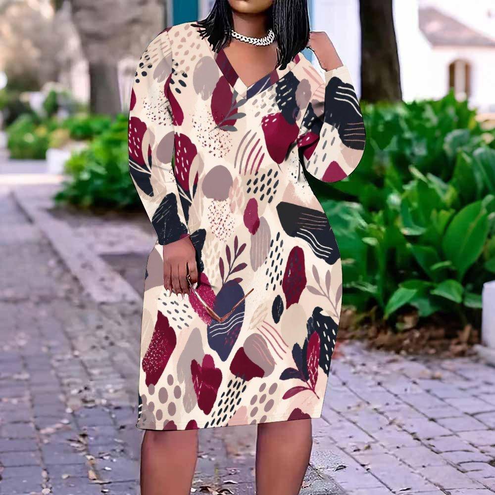 Women Plus Size V Neck Long Sleeve Geometric Printed Fitted Knee Length Dress