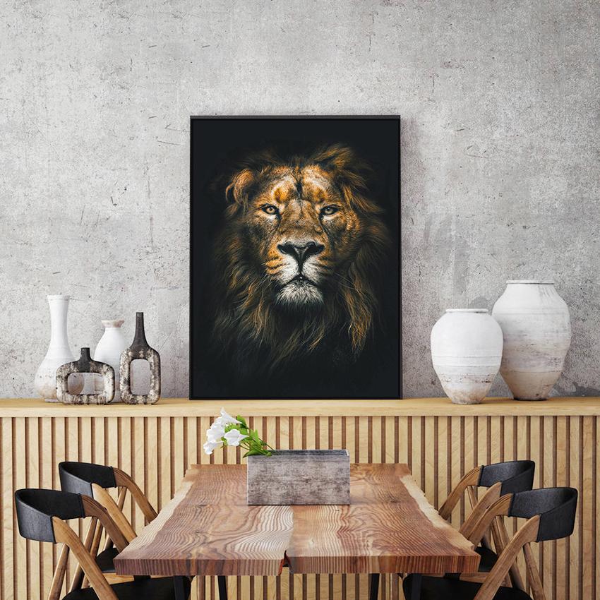 Rám z masivního dřeva Divoký lev Zvířecí plakát Umělecká reprodukce Nástěnné obrazy Severská černobílá malba na plátně Obývací pokoj Minimalismus Pop Art Domácí dekorace