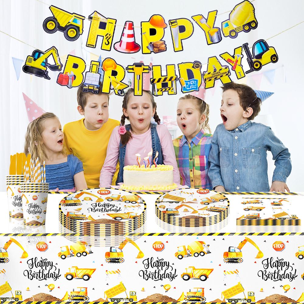 Yellow Excavator Party Set: Plates, Cups, Napkins & Tablecloth for Boys