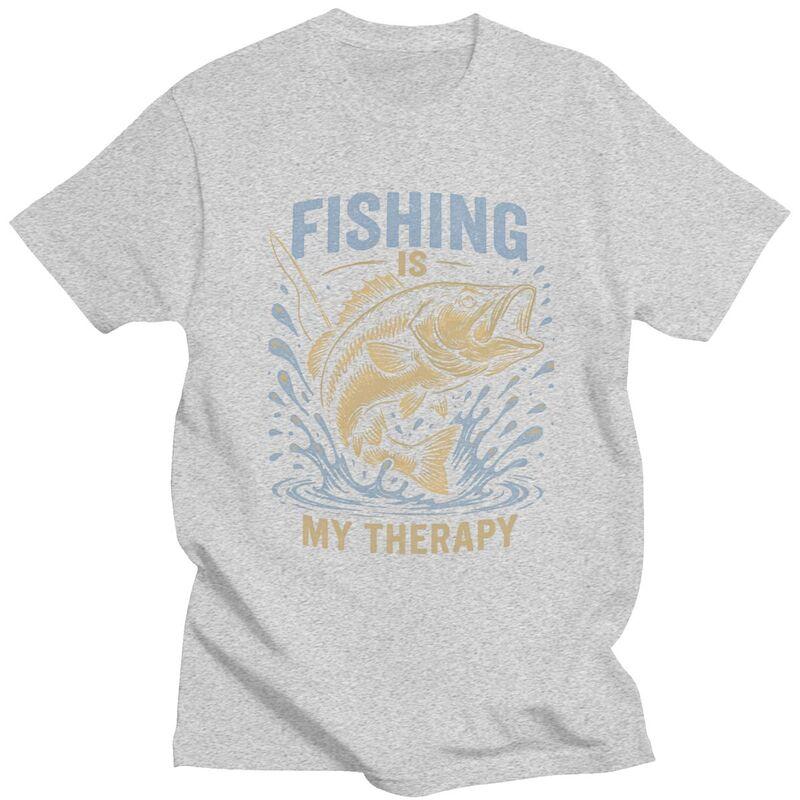 Fishing Is My Therapy T Shirt Men Short Sleeve Angler Fishman Lover Tshirts Casual Tee Tops For Husband Father Oversized Tshirt