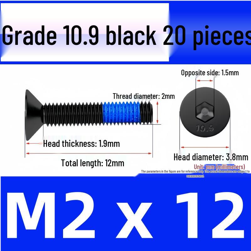Black Anti-Slip Flat Cup Screw with Adhesive Blue Glue, Countersunk Hexagon Socket, Available in M2-M8 Sizes