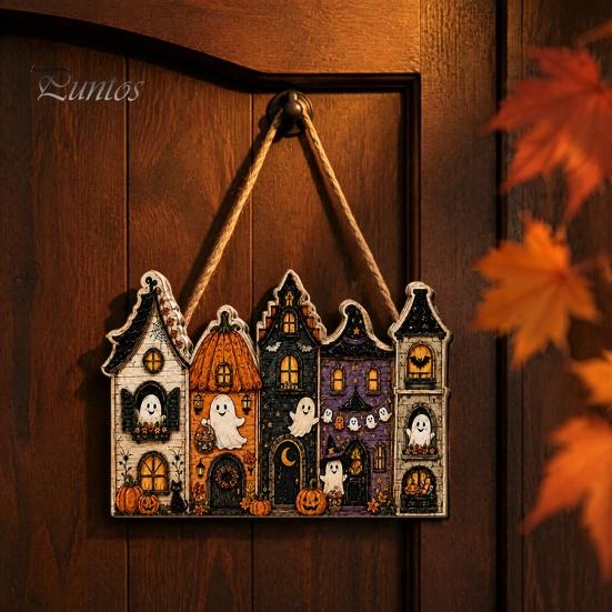 Halloween Door Sign 2D Wooden Hanger Sign, Pumpkin Ghost Vintage Town Building Welcome Rustic Seasonal Wall Plaque with Hanging Rope, Front