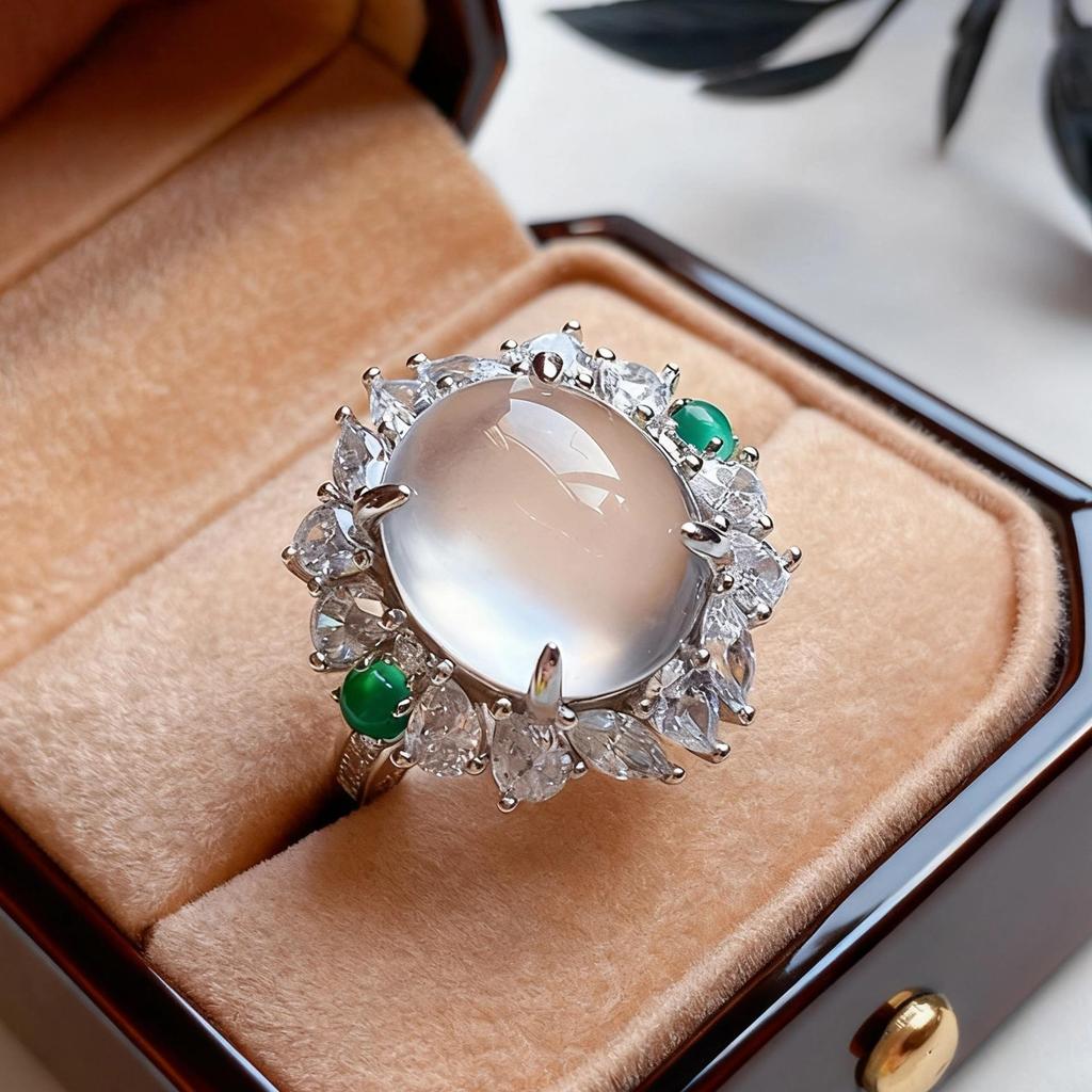 Retro Weißer Jade Diamant Offener Ring & Anhänger Halskette Schmuckset für Damen
