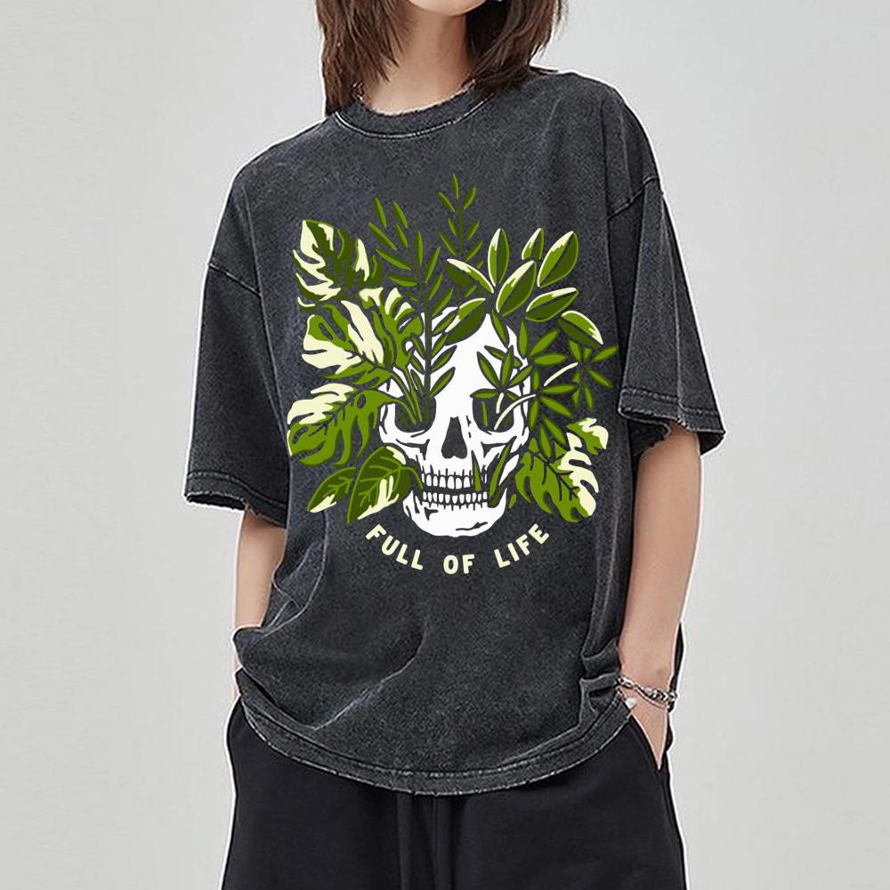 Couple T-Shirts Loose Oversized Wash Denim Tees Skull Botanical Print Casual Chic Unisex Short-Sleeved Vintage Top