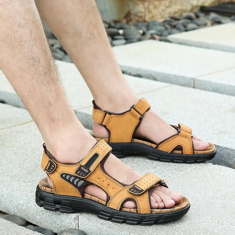 

Summer Sandals Men Breathable Beach Shoes Soft Comfortable Men Sandals Non Slip Lightweight PU Leather Big Size Shoes 38 жёлтый