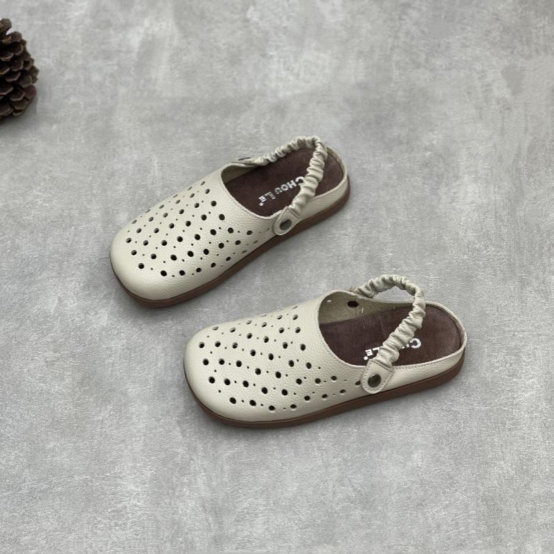 Johnature Handmade Genuine Leather Hollow-out Flat Sandals Comfortable Soft Soled Women's Slip-on Shoes