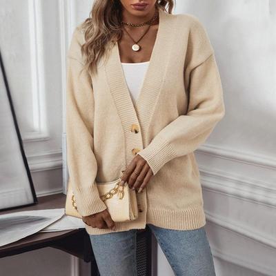 Vintage Solid Color V-Neck Cardigan Long Sleeve Loose Knitwear Sweater for Autumn Winter Warm Top