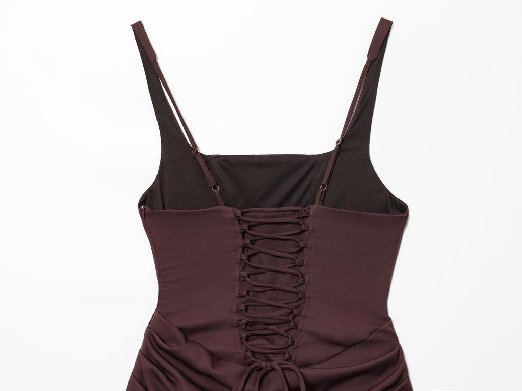 New Women's French Sexy Sleeveless Square Neck Lace-up Bodycon Midi Dress