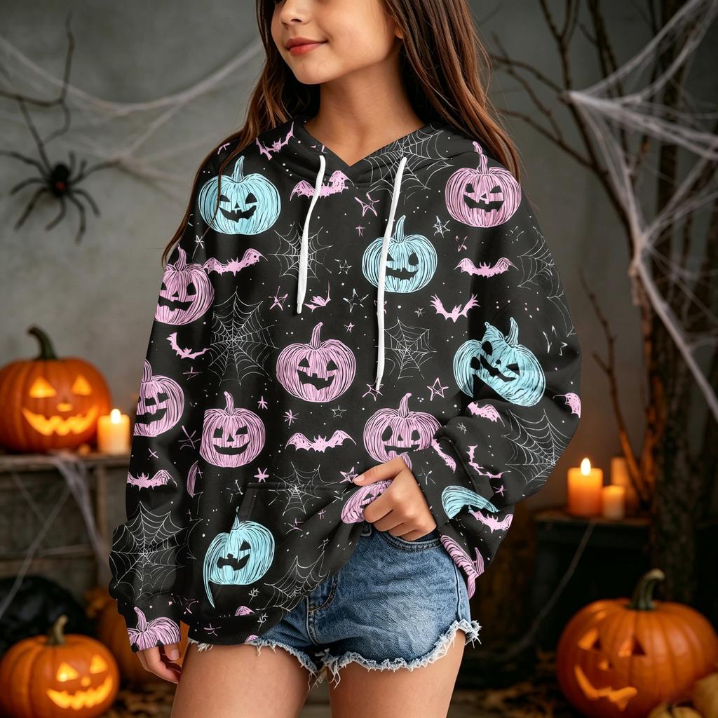Kids Halloween Print Hoodie Pullover Sweatshirt for Boys Girls Casual Wear