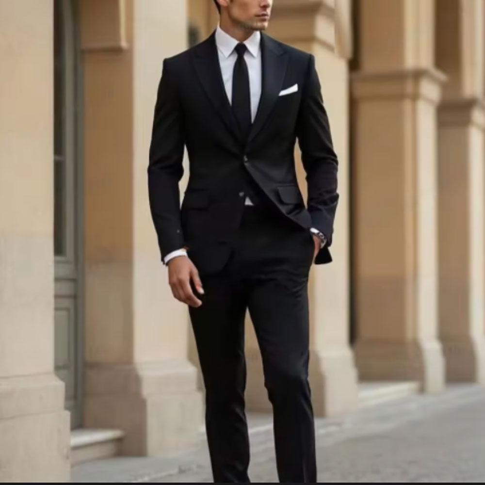 Black Men's Suits Single Breasted Peak Lapel Slim Fit Male Clothing Luxury 2 Piece Jacket Pants  Wedding Full Sets 2025