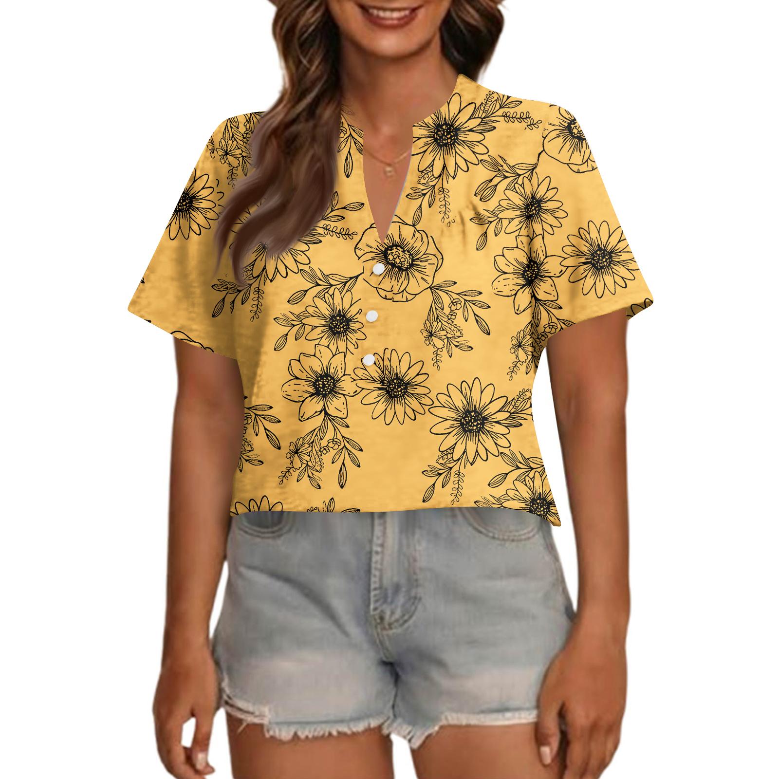 

Women s Fashionable Casual V Neck Button Up Oversized Short Sleeve Printed Top XXXXL жовтий