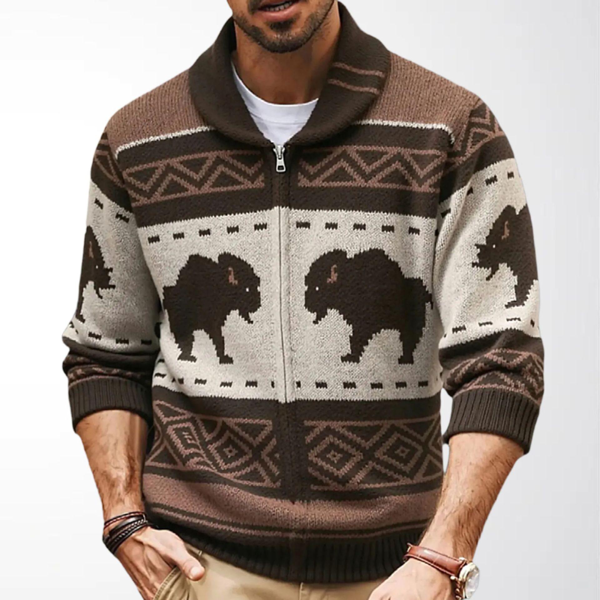 

Men s Retro Jacquard Knitwear Cardigan - Thick Autumn/Winter Sweater 2XL коричневий
