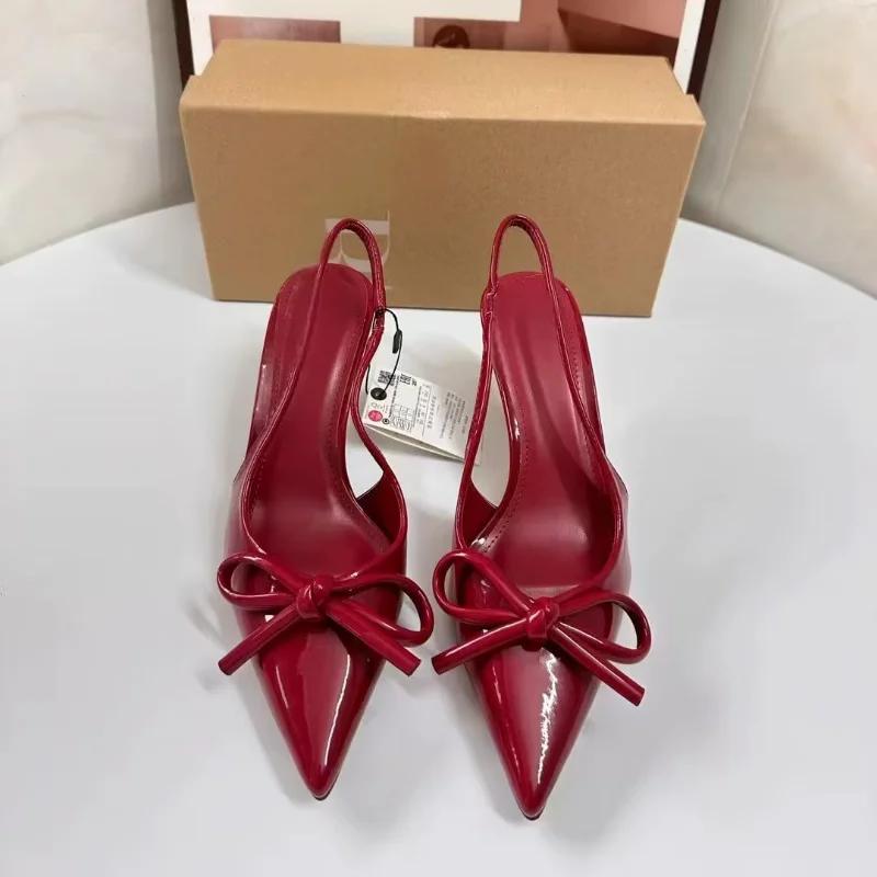 Red Bow Slingbacks High Heels For Woman Sexy Pointed Toe Patent Leather High Heels Autumn Elegant Woman Heeled Shoes