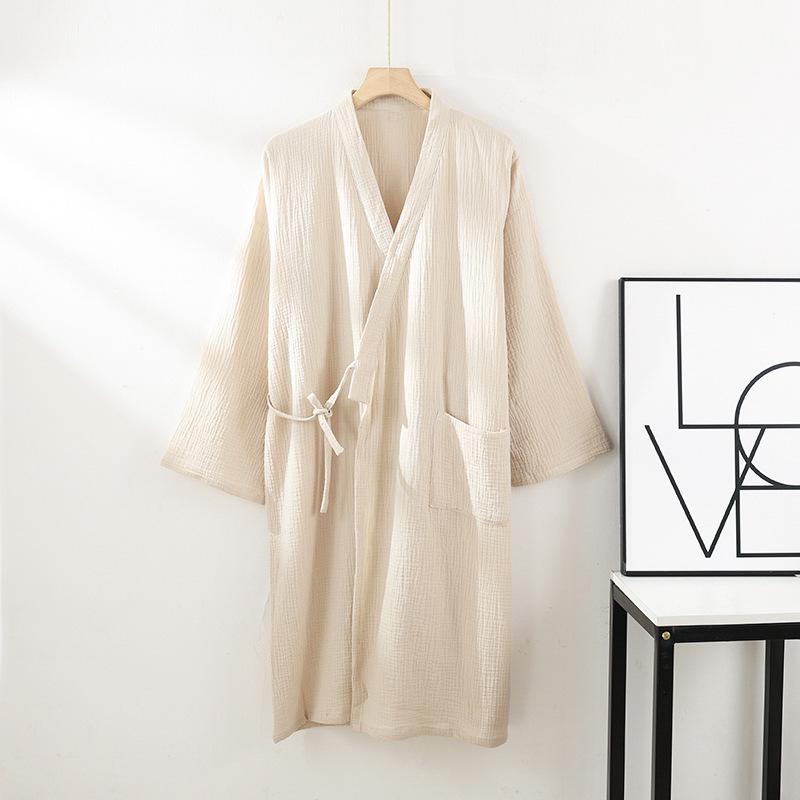 Unisex Pure Cotton Japanese Tie-Up Kimono Pajamas and Gauze Bathrobe for Homewear and Sauna