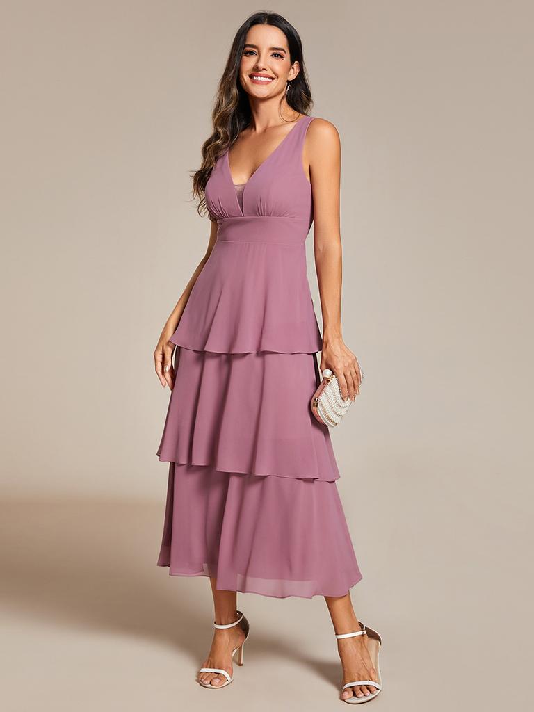 Ever-Pretty Damen Abendkleid mit Stufensaum, Midilänge, Hochzeitsgästekleid, V-Ausschnitt, ärmellos, A-Linie, Chiffon