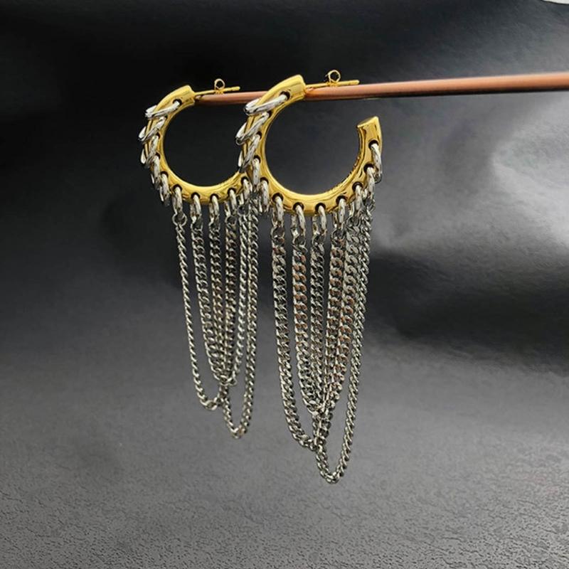 Punk Long Tassels Earrings Exaggerated Chain Ear Hooks for Women Man C-shape Hoop Earrings Ear Loop Fashion Ear Jewelry