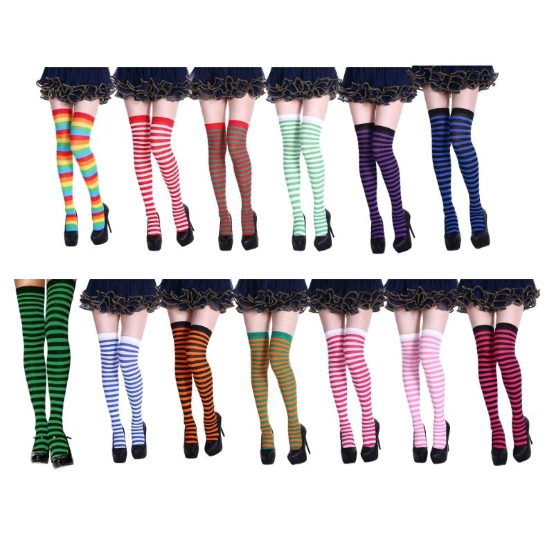 Christmas Thigh High Socks for Women Carnivals Stripe Print Elastic Long Over Knee Stockings for Cosplay Party Costume