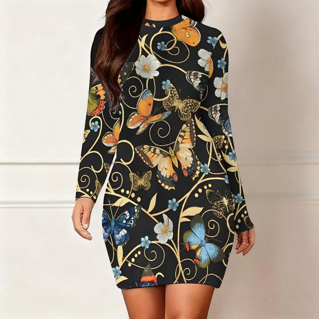 2025 Autumn and Winter New 3D Flower Print and Dyeing Women's Fashion Long-sleeved Round Neck Hip-wrapped Dress Valentine's Day Limited