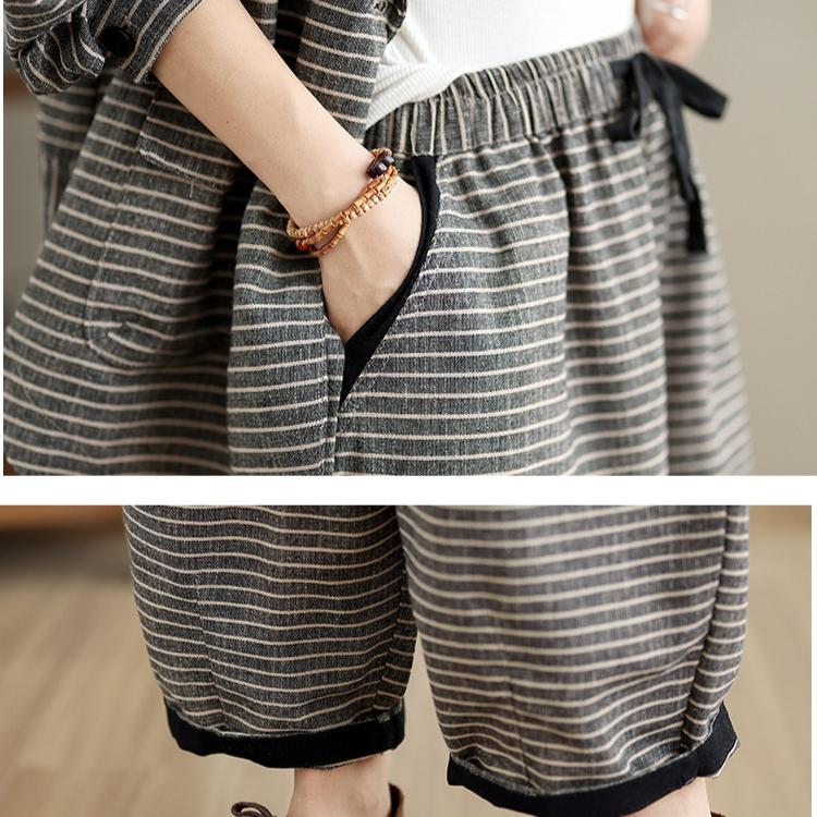 DIMANAF Plus Size 2025 Spring Pants Suits Women Stripe Sets Suits Loose Blouse Shirts Long Pants Clothing