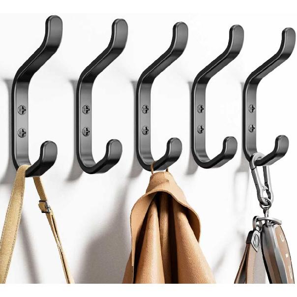 Wall Hook for Hanging Coats - Stainless Coat Hook 5 Pack Wall Mount for Backpack, Bag, Keys and Towel, Double Hook in Closet, Entryway, Door,