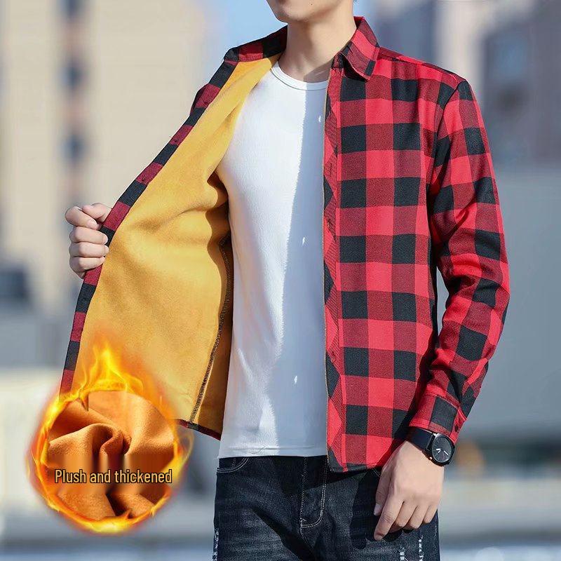 Men's Plush Thickened Long-Sleeve Plaid Shirt - Korean Winter Style