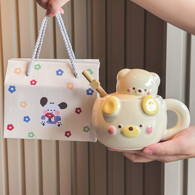 Cream Bear Cup Girls High-value Ceramic Mug with Lid Household Drinking Cup Birthday Gift Souvenir