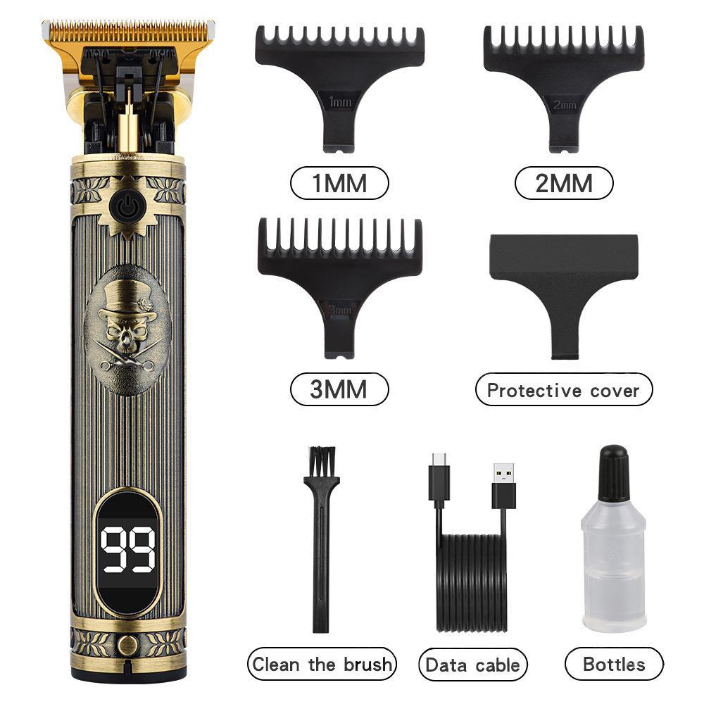 Retro T9 Electric Hair Clipper with LCD Display, USB Charging, Buddha Head Design, Oil Head Styling, and Power Push Technology.