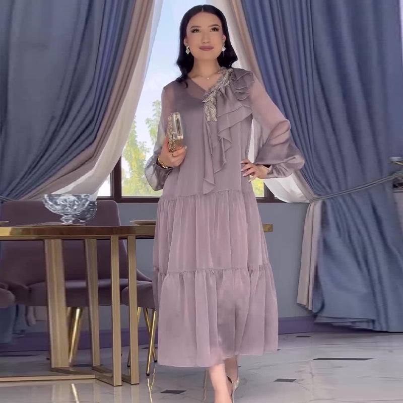 2024 Summer Women's Solid Color Ruffle Mesh Splice Elegant Dress