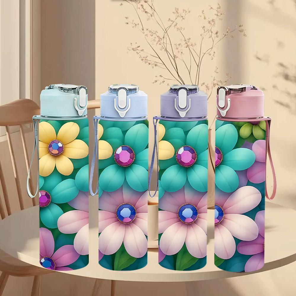 1PC Multicolor Lotus Flower Group Print 750ml Color Plastic Sports Water Bottle Leakproof Flip Straw Lid Suitable for Sports Office Home Use