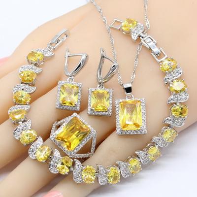 Geometric Yellow Cubic Zircnoia  Color Jewelry Sets For Women Bracelet Earrings Necklace Pendant Rings Gift Box