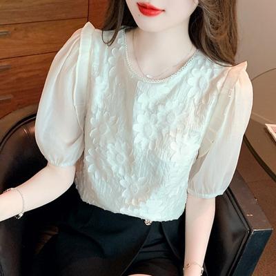 Vintage Puff Sleeve Loose Chiffon Shirt for Women's Summer Clothing New Fashion Casual Shirts Beading Elegant Round Neck Blouse Women Tops 24453