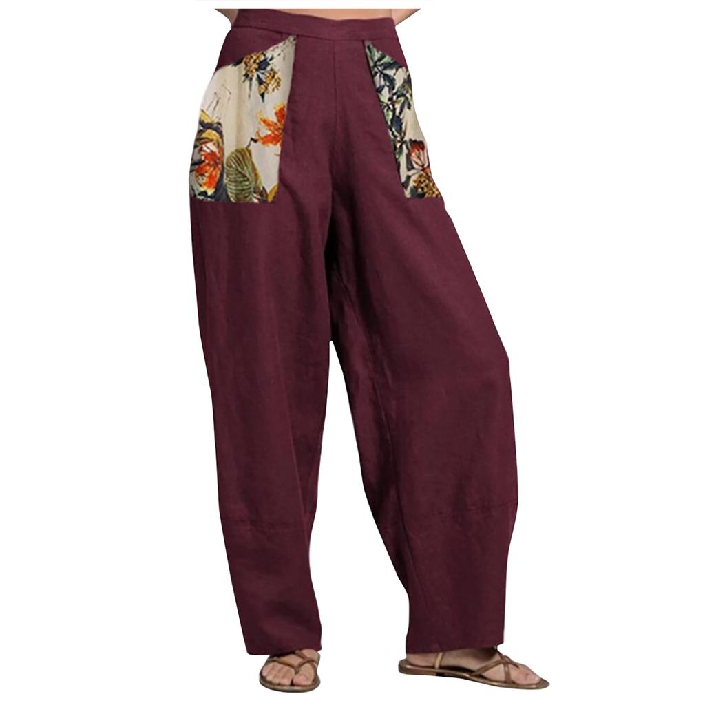 Women's Fashion Quilting Cotton Linen Print Wide Leg Pants Loose Pants