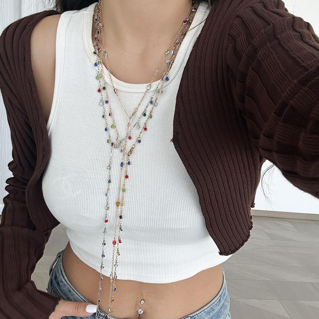 Fashion Colored Oil Drop Pendant Stacked With Long Necklace, Cold Wind Metal Chain Rhinestone Necklace