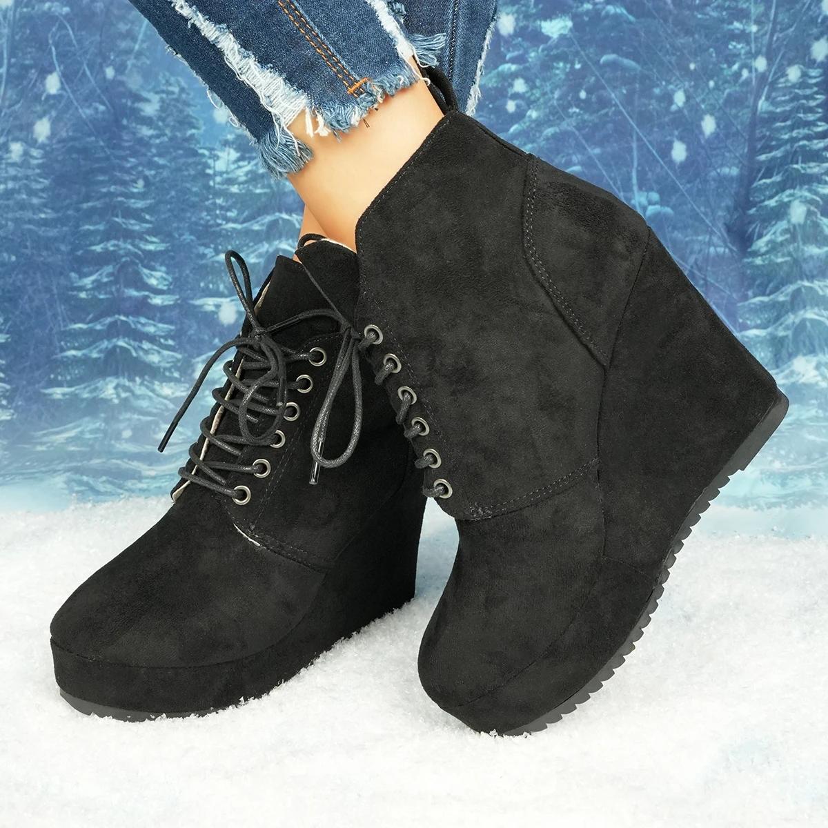 

Autumn Winter Women Boots Plus Size Chunky Platform Ankle Boots Woman New Short Booties Fashion Lace Up Wedge Shoes Women 36