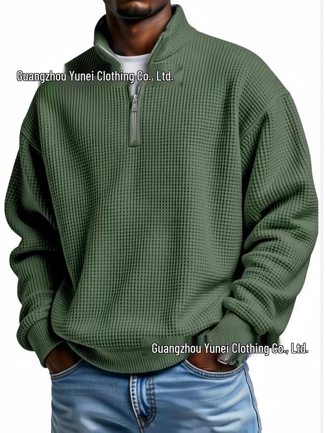 Men's European Style Waffle Knit High Collar Half-Zip Hoodie