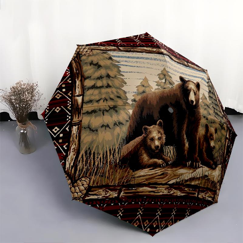 1 PC Automatic Folding Umbrella - Retro Brown Bear Pattern, Portable & Foldable Design with 8 Ribs, Christmas Birthday Gifts