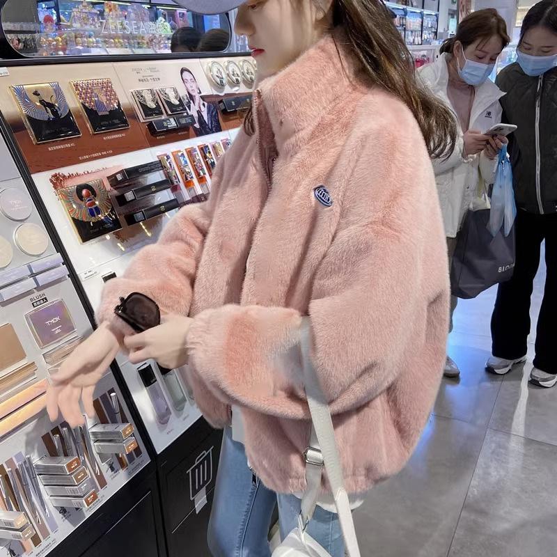 Plush Coat Women Autumn Winter Season Warm Loose Short Top Stand Collar Faux Fur Zipper Thick Solid Jacket