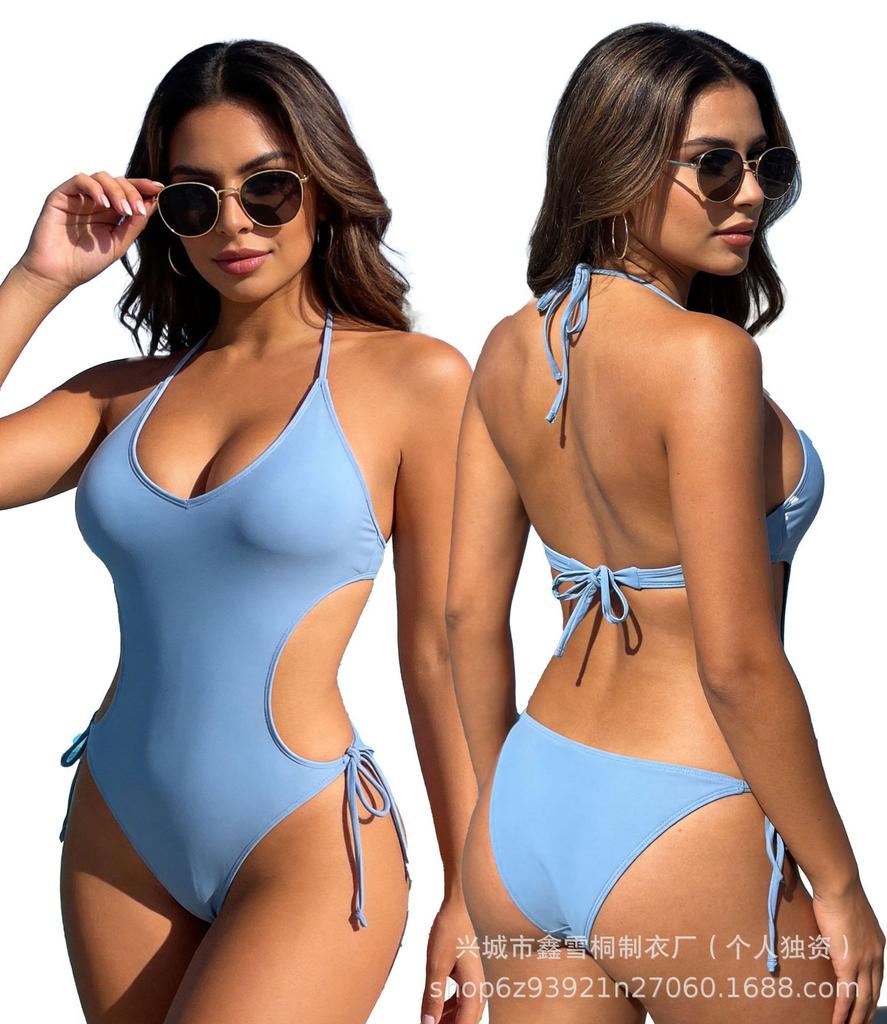 New swimsuit women's solid color strap one-piece bikini one-piece sexy swimsuit