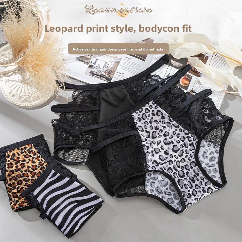 Damen Frühling und Sommer Sexy Spitze Leopardenmuster mit hohlem hohlem atmungsaktivem hohen Bund reiner Baumwollschritt Unterwäsche