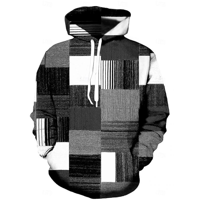 

Мужская толстовка с капюшоном, пуловер, свитшот с капюшоном, с графическим принтом в клетку, с цветными блоками, повседневная, праздничная, спортивная одежда с 3D-принтом, повседневная, осенняя одежда 4XL чёрный